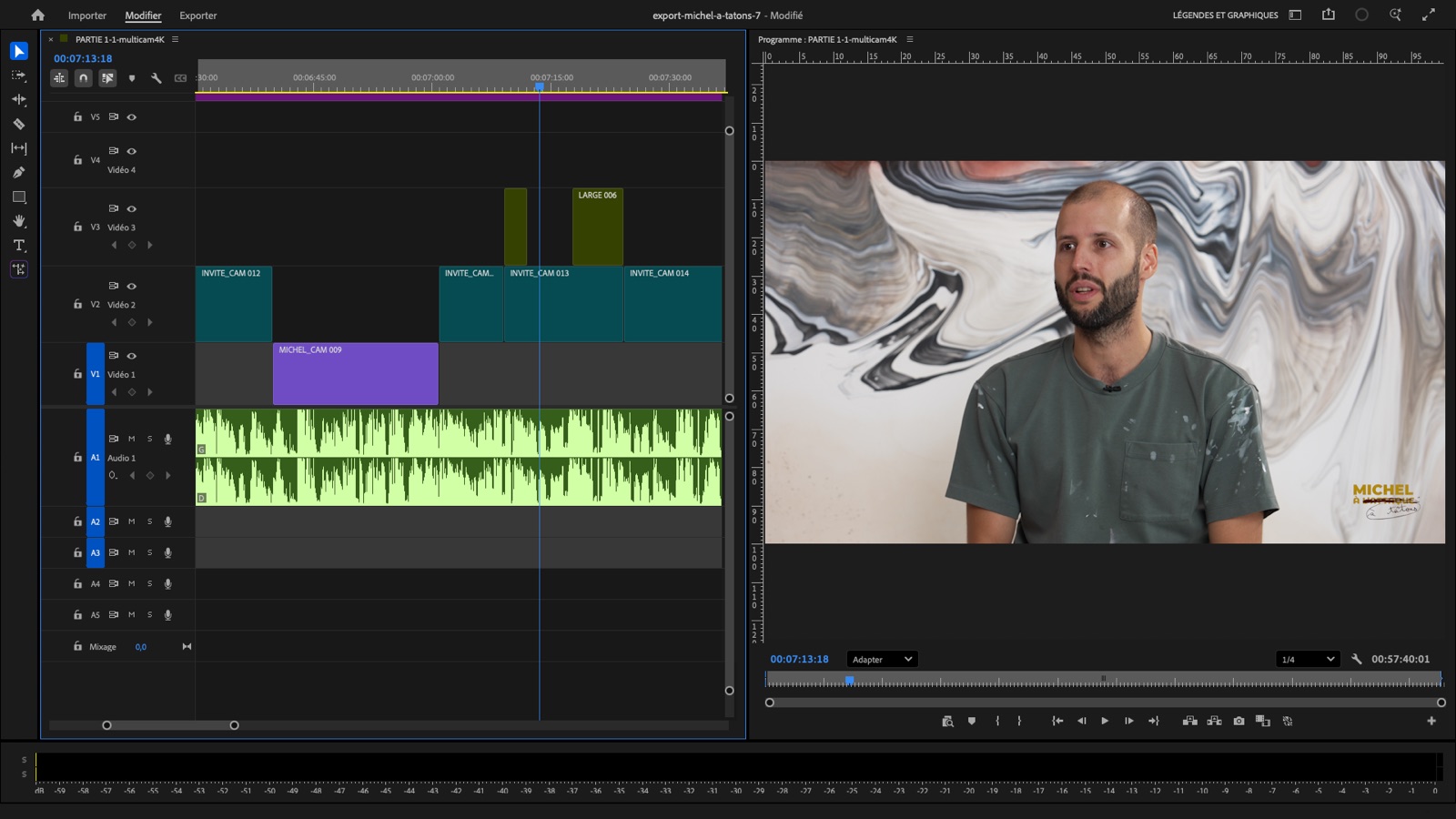 Le montage livré dans Premiere Pro : les plans de chaque caméra et la piste audio déjà découpés sur la timeline